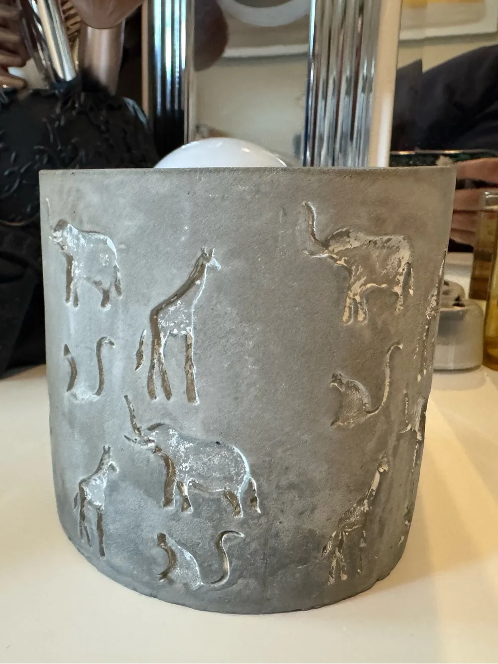 Gray Cement Safari Animal Planter Pot 4” Embossed Elephant Giraffe
